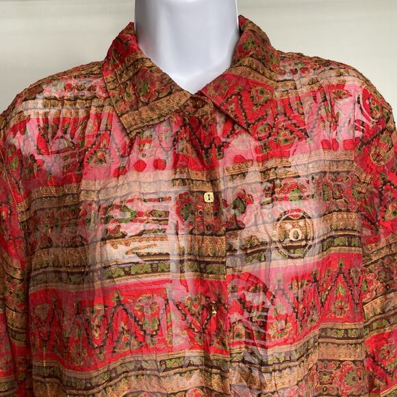Coldwater Creek Red Aztec Print Sheer Button Up Top Size 1X Statement Boho Flowy - Picture 3 of 11